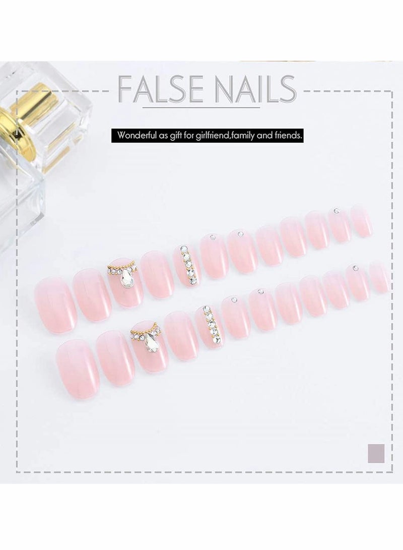 Short Press on Nails with Rhinestones 24 Pcs Ballerina French Tip Fake Nails for Women and Girls Natural Acrylic Manicure - Image 3