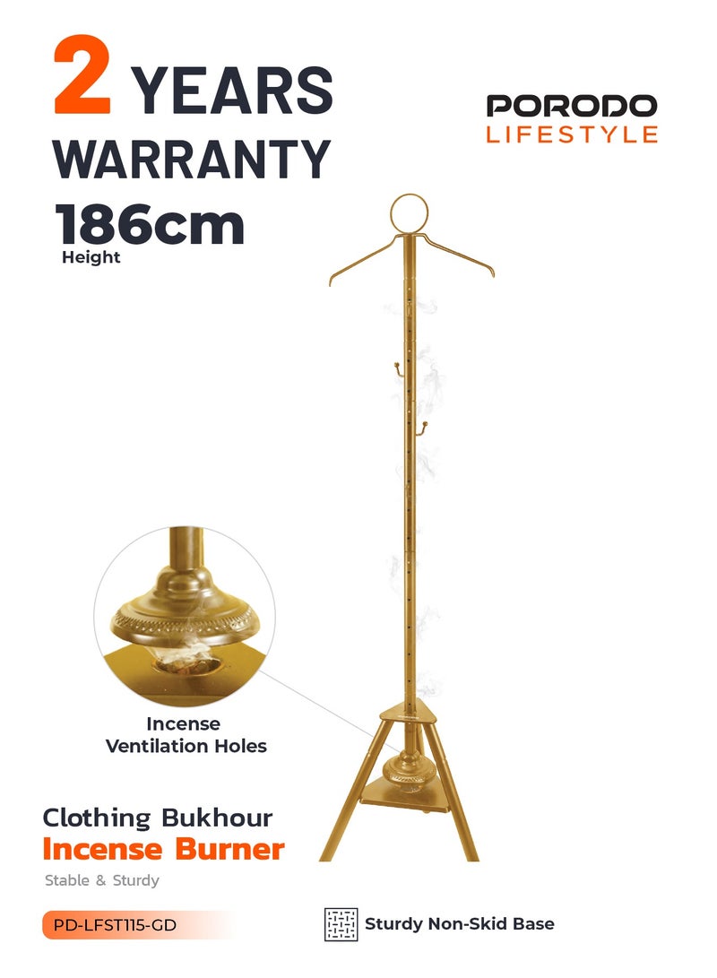 porodo Clothing Bukhour Incense Burner with Stable Tripod Base and 186CM Height /  Bakhour / Luxury Scent / Wrinkle Removal & Scenting / Incense Ventilation Holes /Hanger Garment Scenting - Gold - Image 1