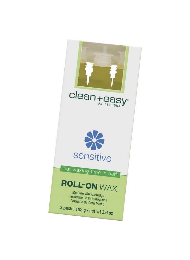 Clean + Easy Clean + Easy Medium Sensitive Roll-On Wax Refill, For Hygienic Facial And Body Hair Removal Treatment, Great for Sensitive Skin, Ideal for All Skin and Hair Types, 3-Pack 