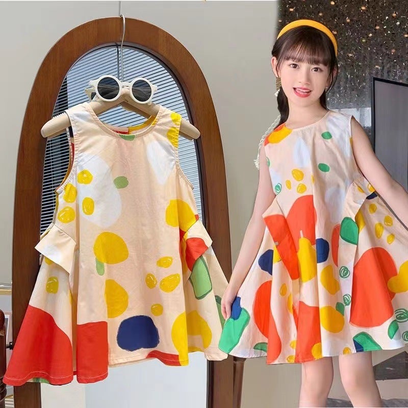 Girls Dress Summer 2023 New Style Middle and Large Childrens Internet Popular Vests Dress Mori Style Girls Colorful Skirt Cool Painted Playful Dress