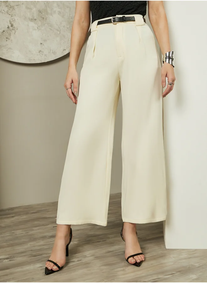 Styli Mid Rise Wide Leg Belted Pants