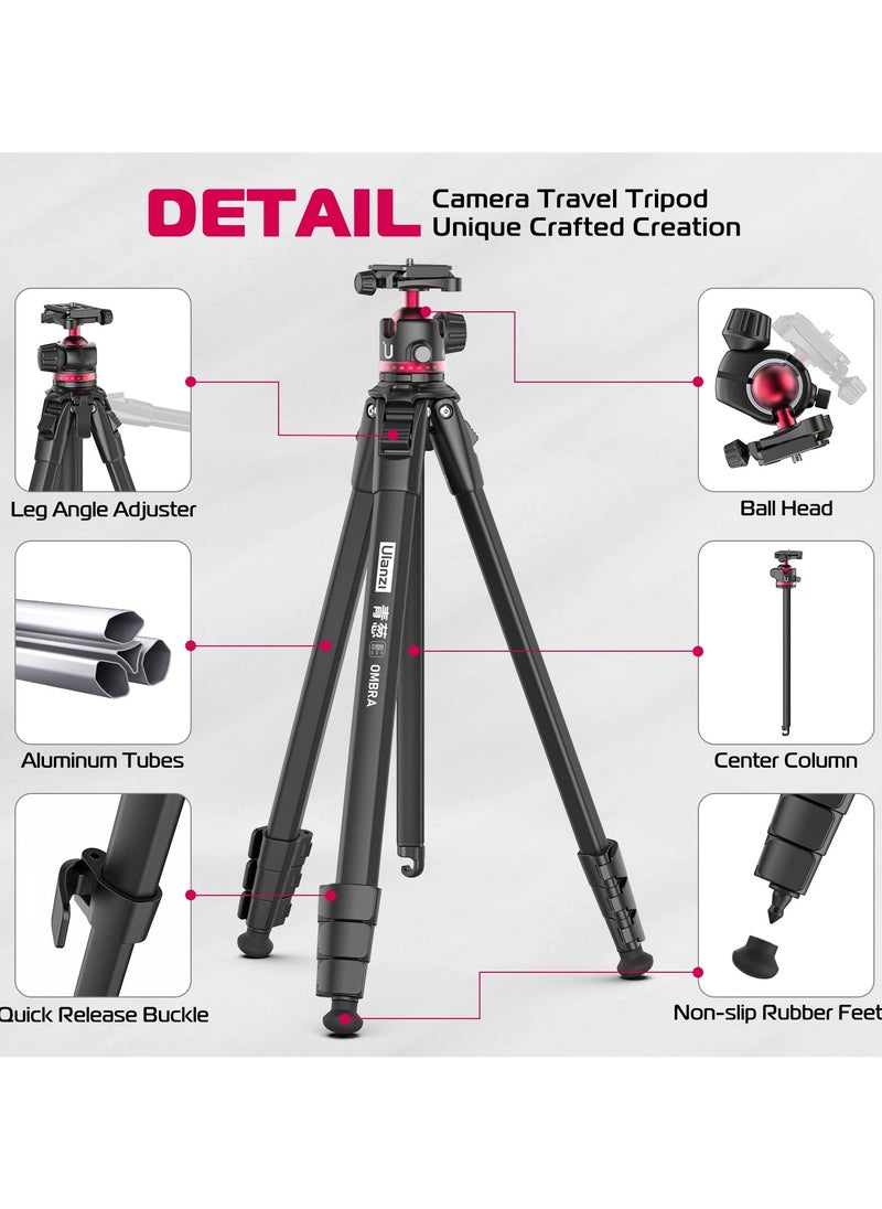 Ulanzi ULANZI MT-55 Ombra Travel Tripod, 62.2" Professional Camera Tripod, Aluminum Tripod W/ 360° Ball Head&Quick Release Plate, Max Load 17.6 LB for Nikon Canon DSLR Camcorder, Phone Holder Included  - Image 2