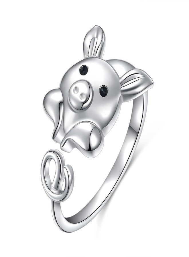 FLYOW 925 Sterling Silver Cute Pig Wrap Ring for Women, Open Animal Ring Adjustable - Image 1