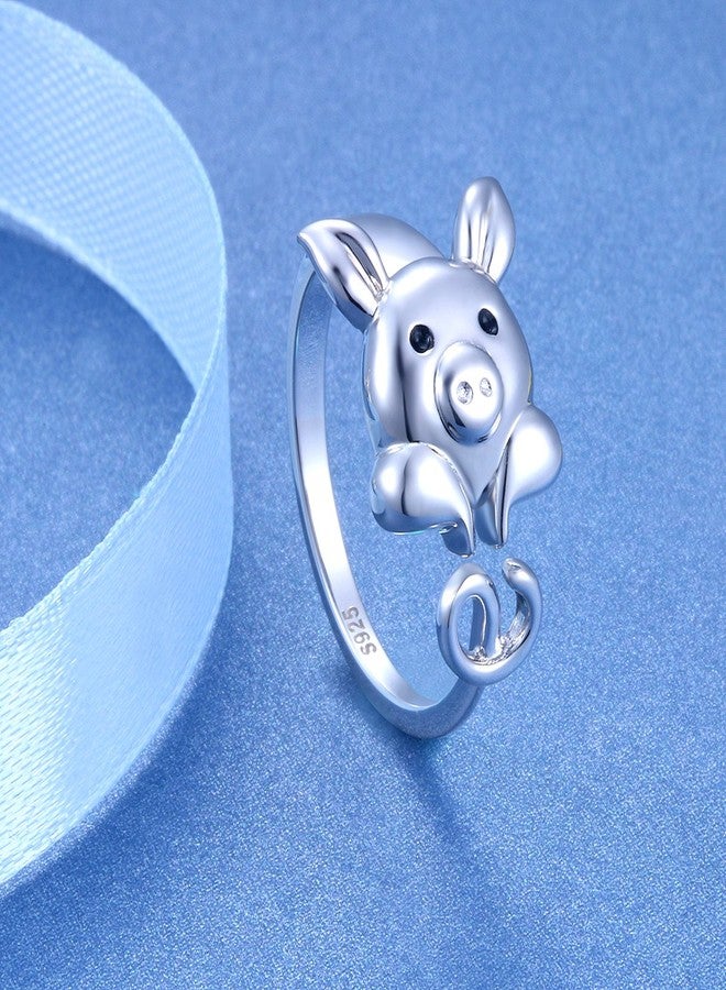 FLYOW 925 Sterling Silver Cute Pig Wrap Ring for Women, Open Animal Ring Adjustable - Image 2