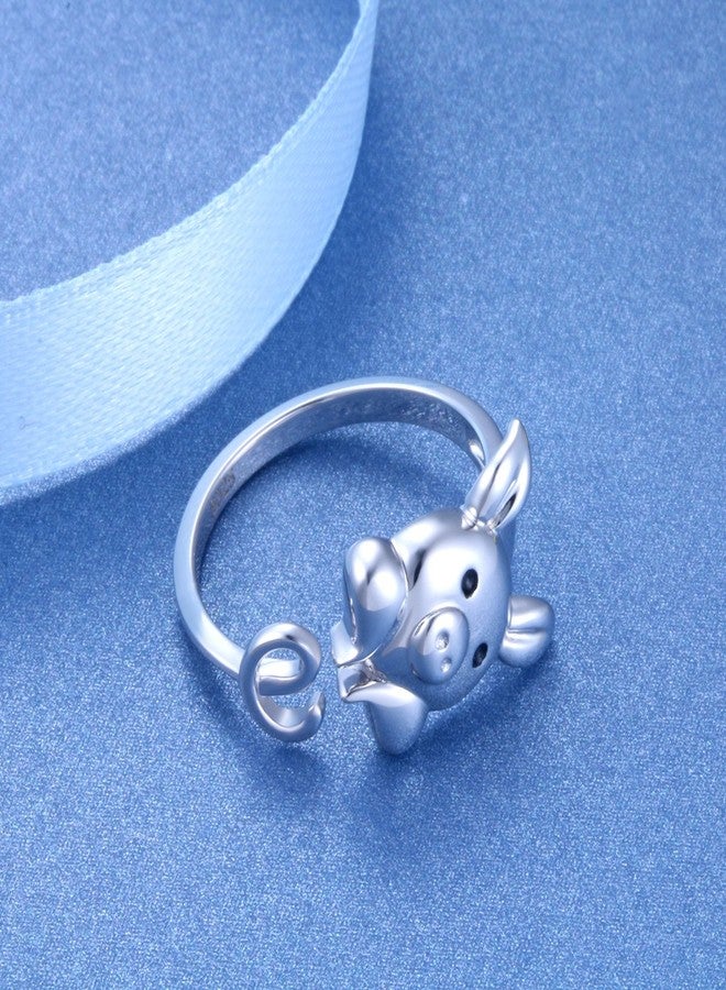FLYOW 925 Sterling Silver Cute Pig Wrap Ring for Women, Open Animal Ring Adjustable - Image 3