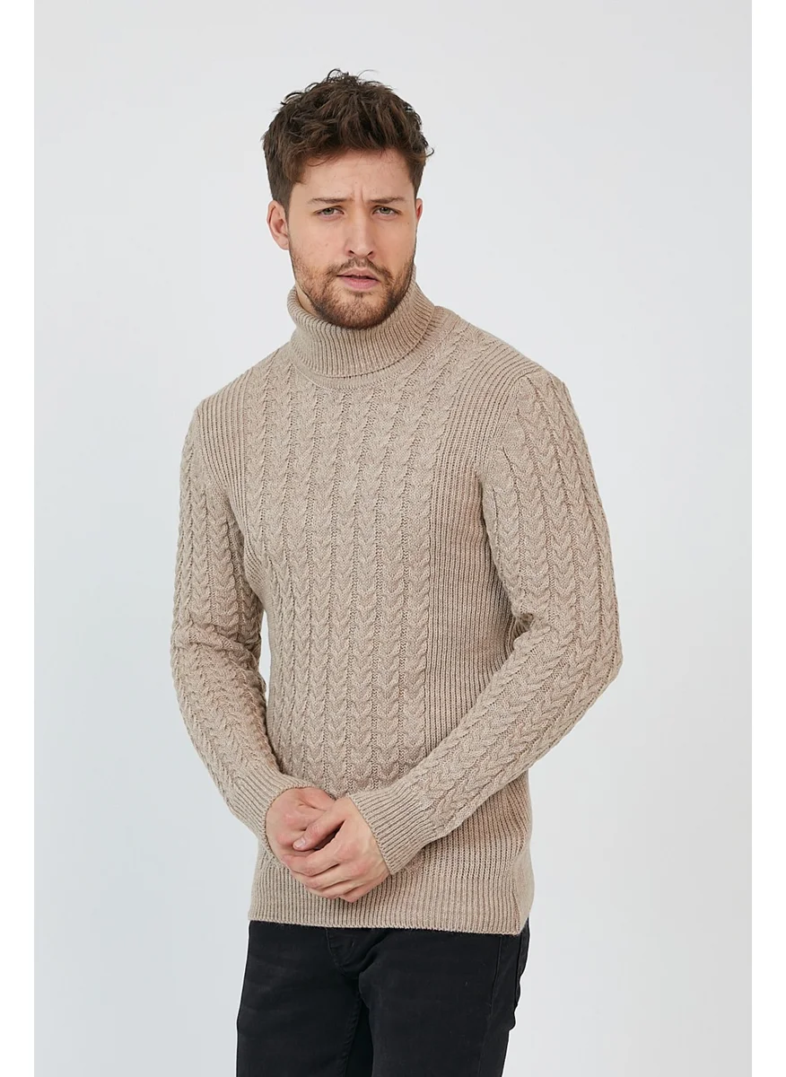 Cool Tarz Cool Style Beige Men's Knitted Patterned Turtleneck Knitwear SWEATER-TRZ8146R05S