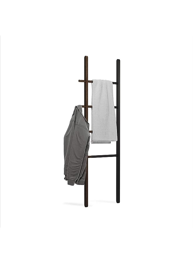Raxoom Hub Ladder – Adjustable Clothing Rack for Bedroom or Freestanding Towel Bathroom | Expands from 16 to 24 inches with 4 Notched Hooks, Black/Walnut  - Image 1