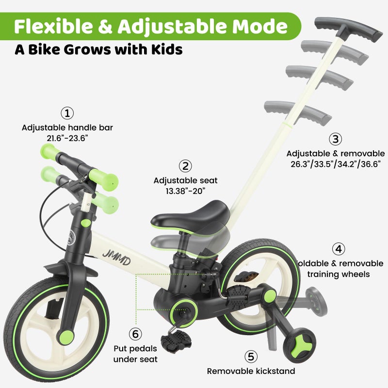 JMMD 6 in 1 Toddler Bike with Push Handle for Kids 18-60 Months, 12" Foldable Balance Bike with Training Wheels, Pedals, Brakes, Kickstand, Push Tricycle Toddler Gift & Toys for Boy & Girl - Image 5
