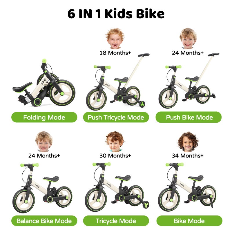 JMMD 6 in 1 Toddler Bike with Push Handle for Kids 18-60 Months, 12" Foldable Balance Bike with Training Wheels, Pedals, Brakes, Kickstand, Push Tricycle Toddler Gift & Toys for Boy & Girl - Image 2