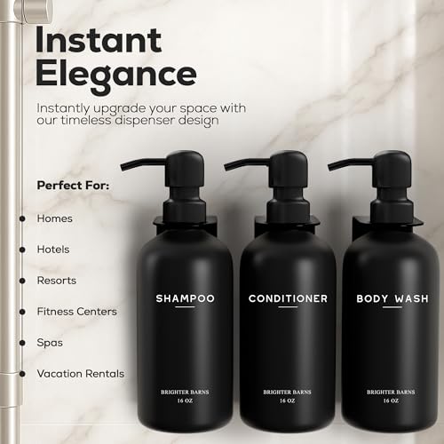 Brighter Barns Black Shampoo and Conditioner Dispenser Set Wall Mounted by Brighter Barns 3 Chamber No Drill Shampoo Bottles for Shower Wall Refillable Plastic Shower Soap Dispenser for Airbnb RV Hotel Black - Image 3