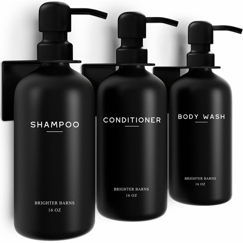 Brighter Barns Black Shampoo and Conditioner Dispenser Set Wall Mounted by Brighter Barns 3 Chamber No Drill Shampoo Bottles for Shower Wall Refillable Plastic Shower Soap Dispenser for Airbnb RV Hotel Black - Image 2
