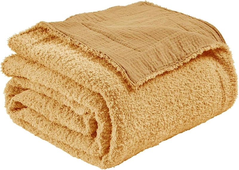 EMME Woven Muslin Blanket, Cotton & Fleece Sofa Blanket, Bedspread, Fluffy Cuddly Blanket for Couch, Soft, Lightweight, Breathable Throw Blanket, 130 x 150, Beige - Image 1