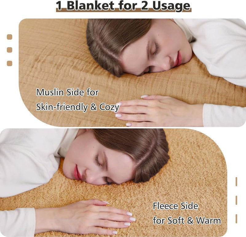 EMME Woven Muslin Blanket, Cotton & Fleece Sofa Blanket, Bedspread, Fluffy Cuddly Blanket for Couch, Soft, Lightweight, Breathable Throw Blanket, 130 x 150, Beige - Image 2