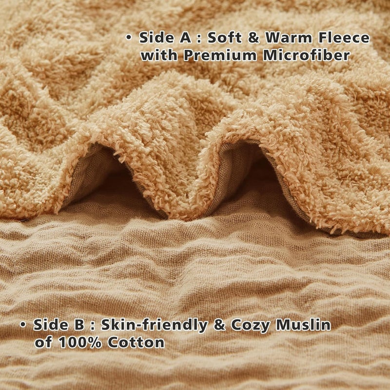 EMME Woven Muslin Blanket, Cotton & Fleece Sofa Blanket, Bedspread, Fluffy Cuddly Blanket for Couch, Soft, Lightweight, Breathable Throw Blanket, 130 x 150, Beige - Image 3