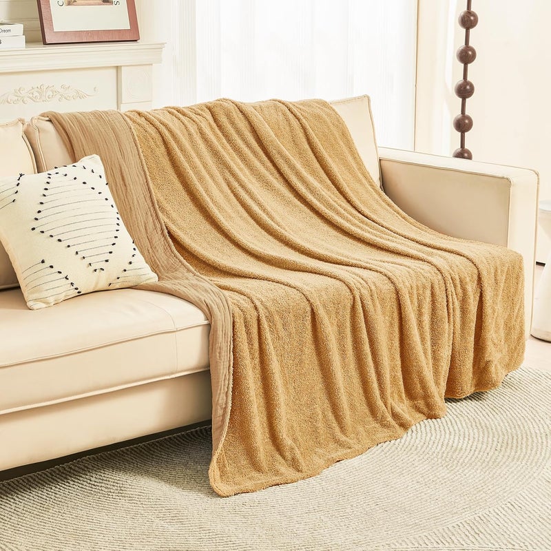 EMME Woven Muslin Blanket, Cotton & Fleece Sofa Blanket, Bedspread, Fluffy Cuddly Blanket for Couch, Soft, Lightweight, Breathable Throw Blanket, 130 x 150, Beige - Image 4