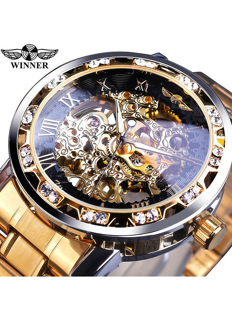 وينر ساعة رجالية أنيقة وعملية بهيكل عظمي يدوي مرصع بأحجار الراين