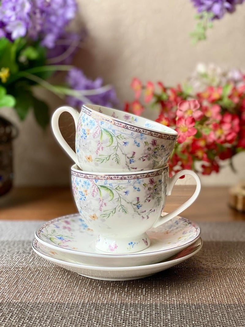 Vigneto Floral Flower Bed Cup and Saucer Set for TeaCoffeeHot Drinks Set of 6 Cup and Saucers 190 ML Finest Premium Porcelain - Image 4