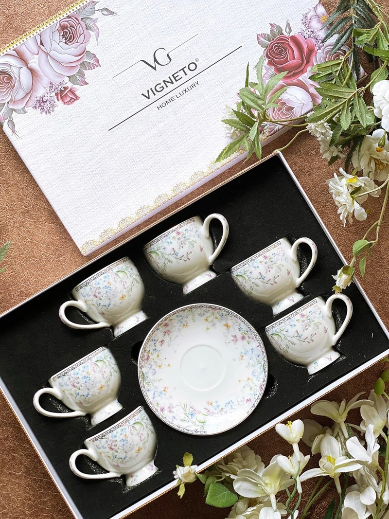 Vigneto Floral Flower Bed Cup and Saucer Set for TeaCoffeeHot Drinks Set of 6 Cup and Saucers 190 ML Finest Premium Porcelain - Image 3