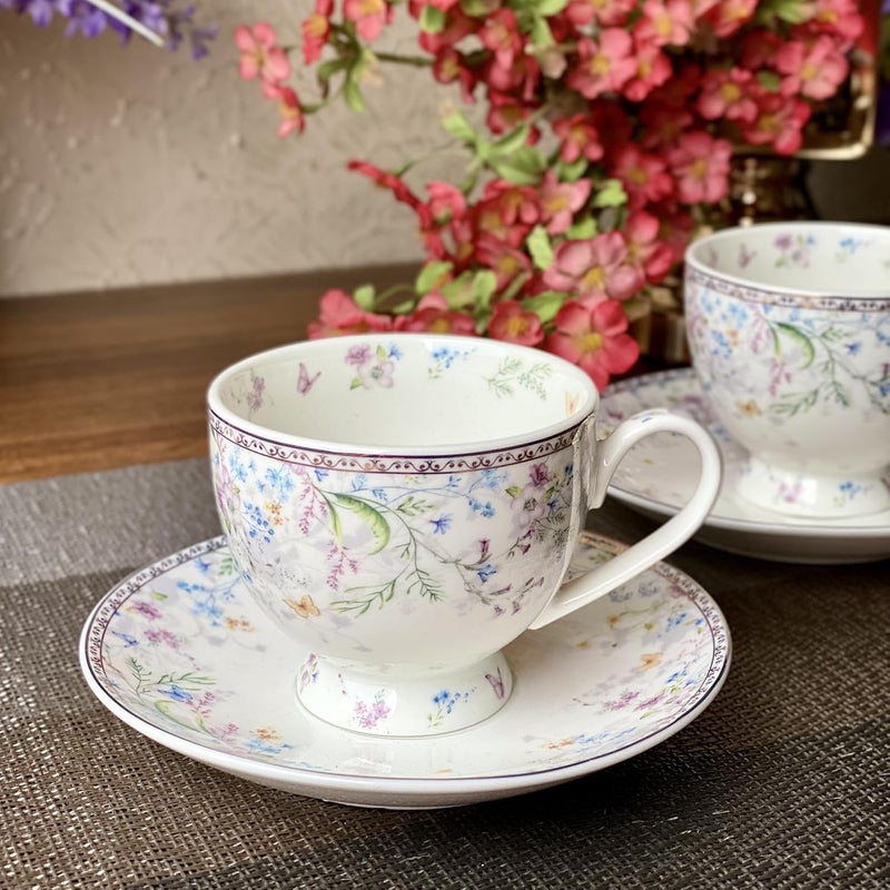 Vigneto Floral Flower Bed Cup and Saucer Set for TeaCoffeeHot Drinks Set of 6 Cup and Saucers 190 ML Finest Premium Porcelain - Image 1
