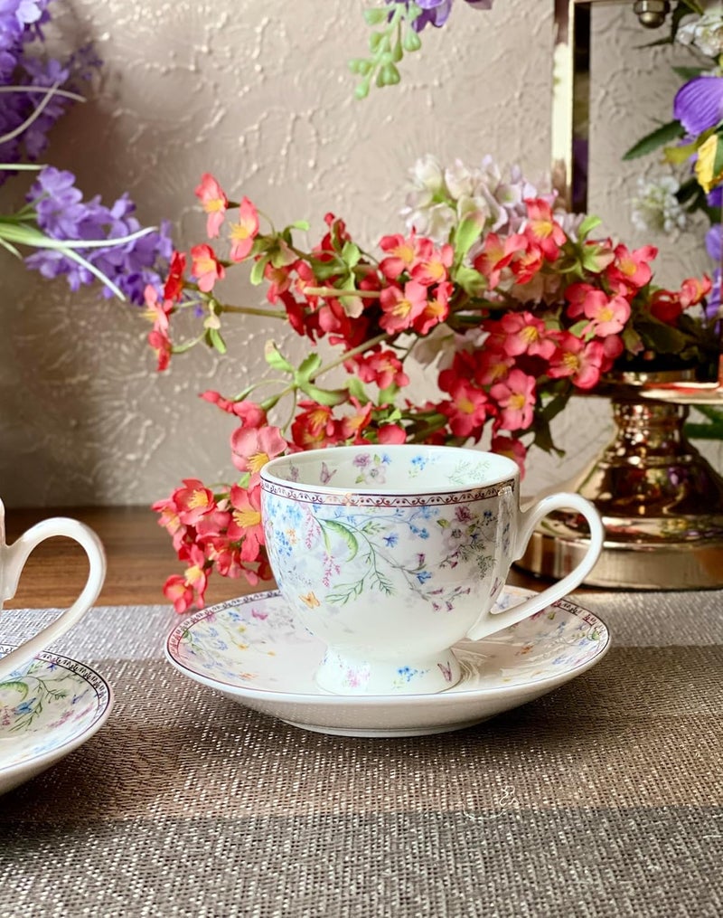 Vigneto Floral Flower Bed Cup and Saucer Set for TeaCoffeeHot Drinks Set of 6 Cup and Saucers 190 ML Finest Premium Porcelain - Image 2