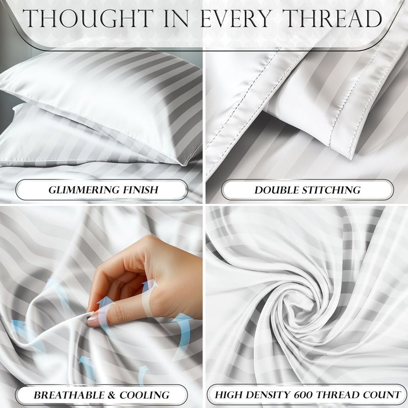 DECOLURE Satin Bed Sheets - 3 Piece Luxury Silky Twin Size Bedding Set - Softer Than Silk, Wrinkle-Free with 15” Deep Pocket Fitted Sheet, Perfect for Hair & Skin, Gifts for Women (Striped White) - Image 3