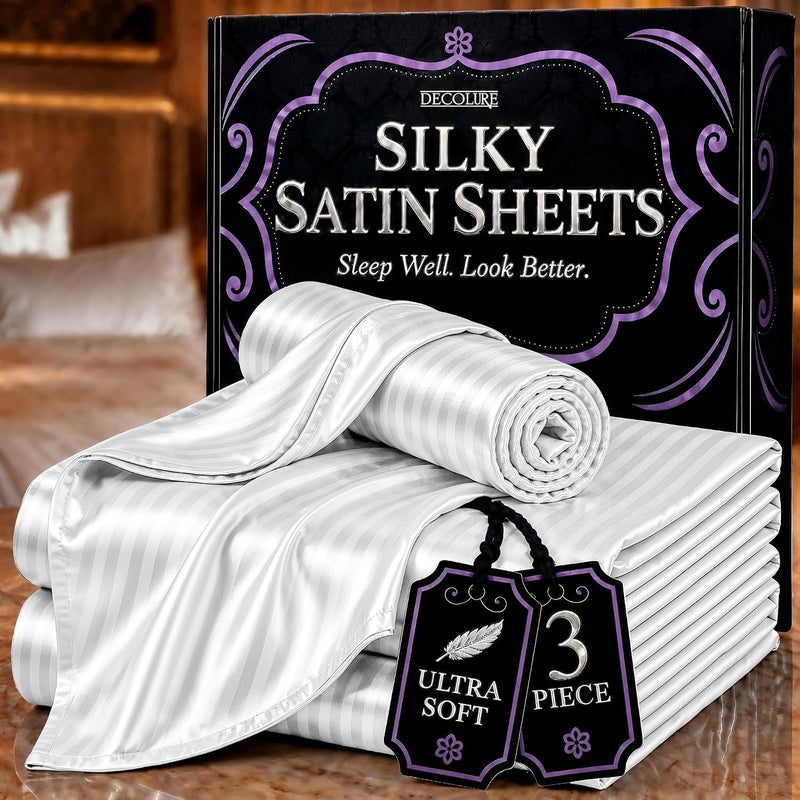 DECOLURE Satin Bed Sheets - 3 Piece Luxury Silky Twin Size Bedding Set - Softer Than Silk, Wrinkle-Free with 15” Deep Pocket Fitted Sheet, Perfect for Hair & Skin, Gifts for Women (Striped White) - Image 1