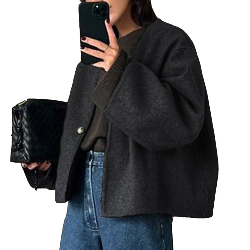 HOTIAN Women Cropped Wool Blend Coats Long Sleeve Coat Jacket Peacoat Fall Winter Outwear Overcoat(DarkGray,XS) - Image 1