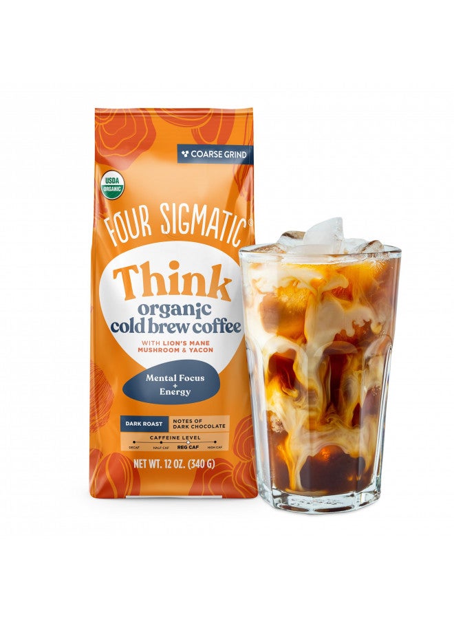 Four Sigmatic FOUR SIGMATIC Organic Cold Brew Coffee Grounds by Four Sigmatic | Dark Roast, Fair Trade Coarse Grounds with Lion's Mane and Chaga | Cold Brew Mushroom Coffee for Crash-Free Focus | 12 oz Bag  - Image 1