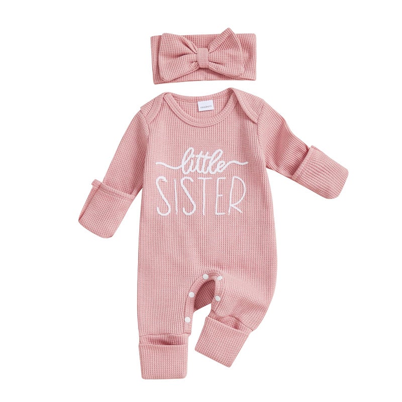 allshope Infant Baby Girl Fall Outfit Sweatshirt Romper Little Sister Lil Sis Long Sleeve Jumpsuit Newborn Clothes (Little Sister Color Pink, 0-3 Months) - Image 1