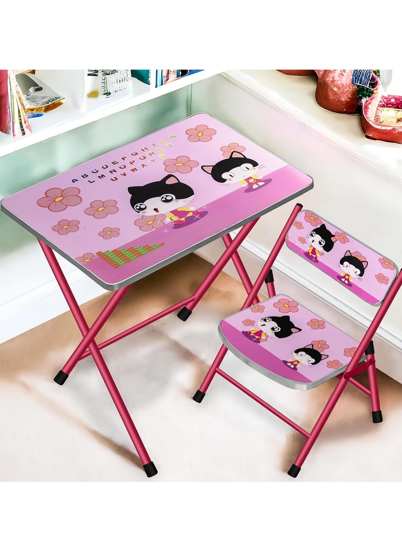 DubaiGallery Kids Folding Table and 1 Chair Set Portable Study Desk Cartoon Themed Play Educational Furniture Easy Fold for Storage Ideal for Snacks Art Homework and Learning Nursery Growing with Your Baby Child 