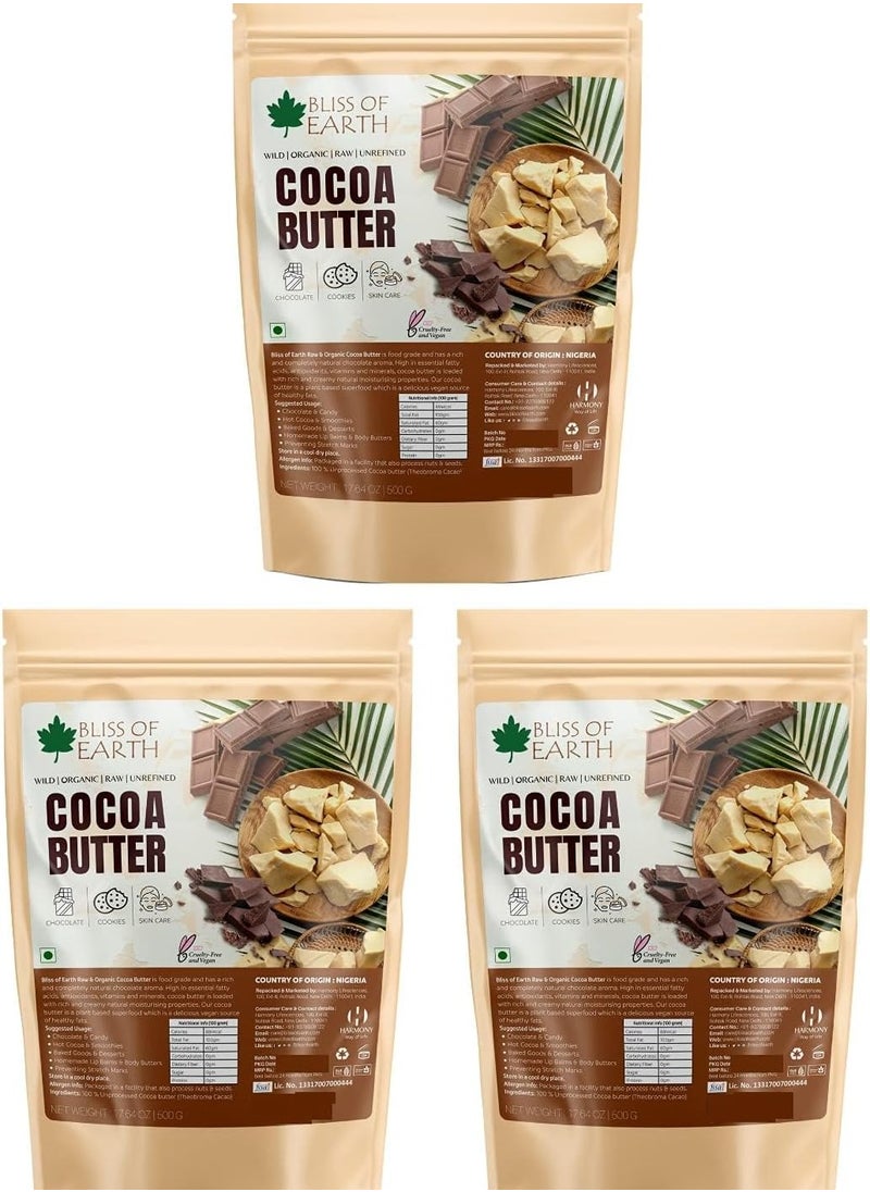 BLISS OF EARTH Cocoa Butter 100% Pure Organic Raw 500GM Raw Unrefined African Great For Face, Skin, Body and Lips Pack of 3  - Image 1