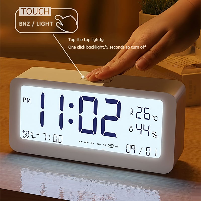 منبه رقمي أبيض بشاشة LCD كبيرة، وضع النوم الذكي للاستيقاظ - Image 4