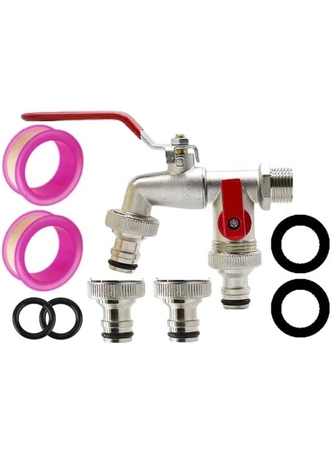 OMEVE Garden Faucet, 1 in 2 Out Dual Shut Off Valve Heatproof Antifreezing Copper Outdoor Water Faucet with Nipple Interface PTFE Tape, Garden Hose Faucet for Outdoor Irrigation Watering - Image 1
