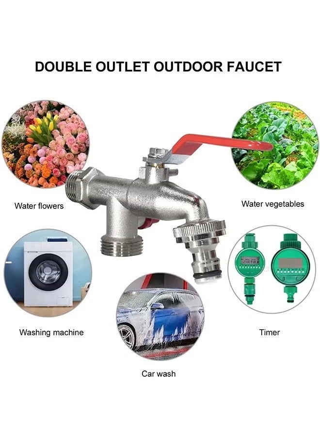 OMEVE Garden Faucet, 1 in 2 Out Dual Shut Off Valve Heatproof Antifreezing Copper Outdoor Water Faucet with Nipple Interface PTFE Tape, Garden Hose Faucet for Outdoor Irrigation Watering - Image 3