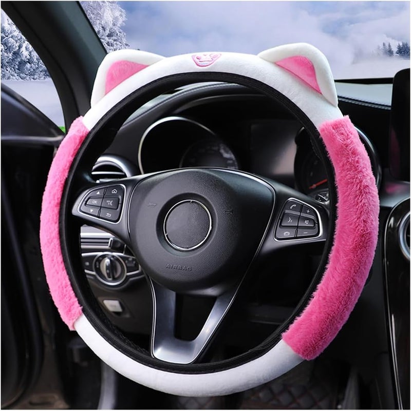 Bittwee Car Steering Wheel Cover, Fluffy Soft Plush for Winter Warm, Cute Steering Wheel Protector with Kitty Cat Ears, Universal 15 Inch, Elastic & Anti-Slip, Lovely Decor Car Accessories (Rose Red) - Image 1