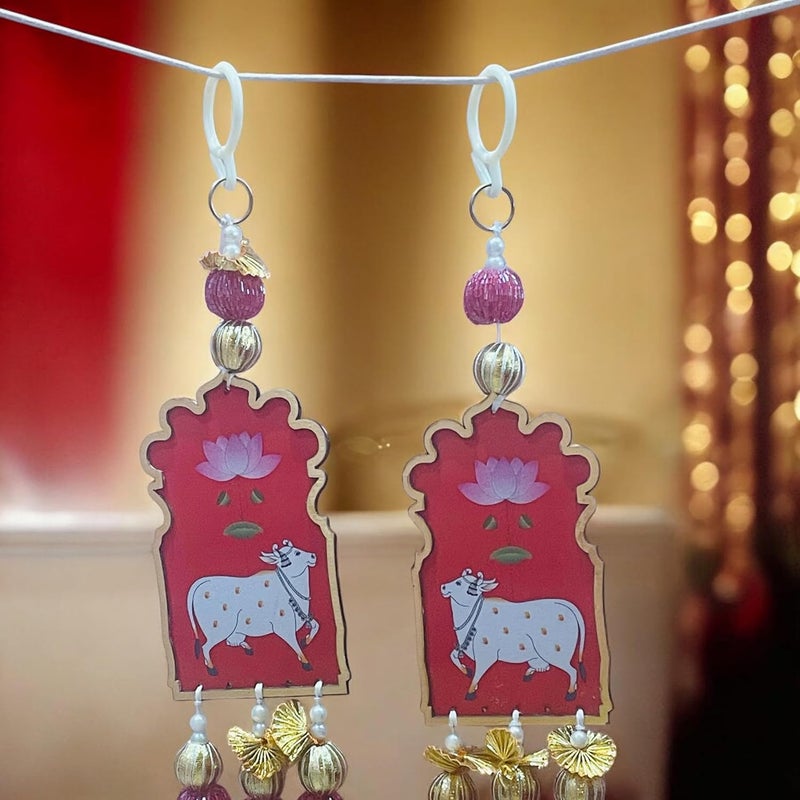 CHARMING TREASURE BY PRAGYA Pichwai Shubh Labh HangingPair of 2 for Main Door Entrance Pooja Room Shubh labh Pichwai Cow and Lotus Wall Hanging for Door Entrance Housewarming Diwali Decoration Items Multicoour01  - Image 4