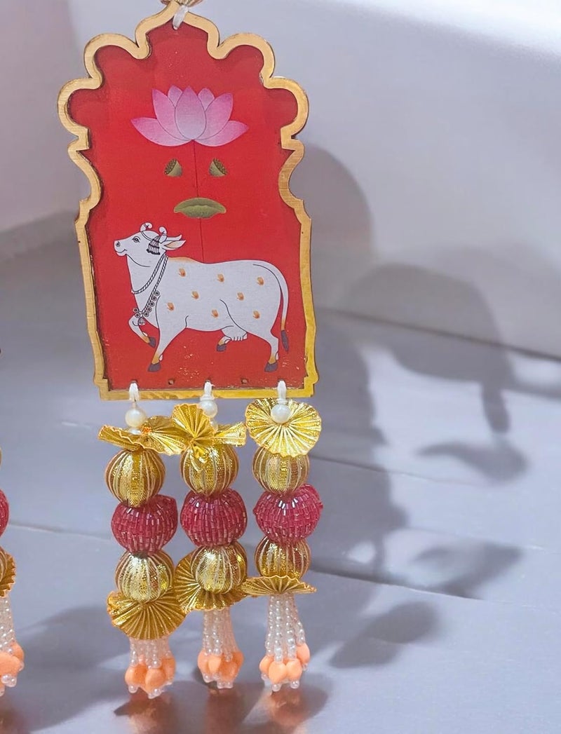 CHARMING TREASURE BY PRAGYA Pichwai Shubh Labh HangingPair of 2 for Main Door Entrance Pooja Room Shubh labh Pichwai Cow and Lotus Wall Hanging for Door Entrance Housewarming Diwali Decoration Items Multicoour01  - Image 3