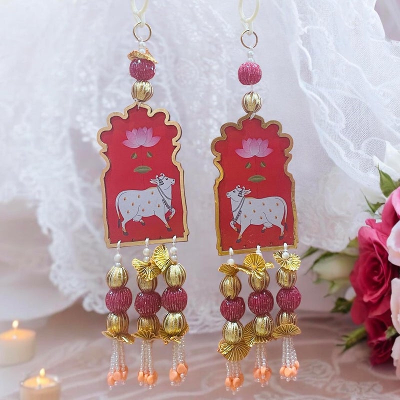 CHARMING TREASURE BY PRAGYA Pichwai Shubh Labh HangingPair of 2 for Main Door Entrance Pooja Room Shubh labh Pichwai Cow and Lotus Wall Hanging for Door Entrance Housewarming Diwali Decoration Items Multicoour01  - Image 5