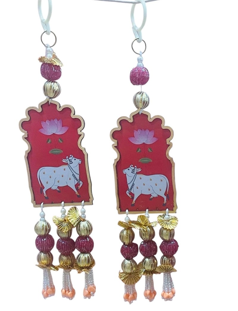 CHARMING TREASURE BY PRAGYA Pichwai Shubh Labh HangingPair of 2 for Main Door Entrance Pooja Room Shubh labh Pichwai Cow and Lotus Wall Hanging for Door Entrance Housewarming Diwali Decoration Items Multicoour01  - Image 1