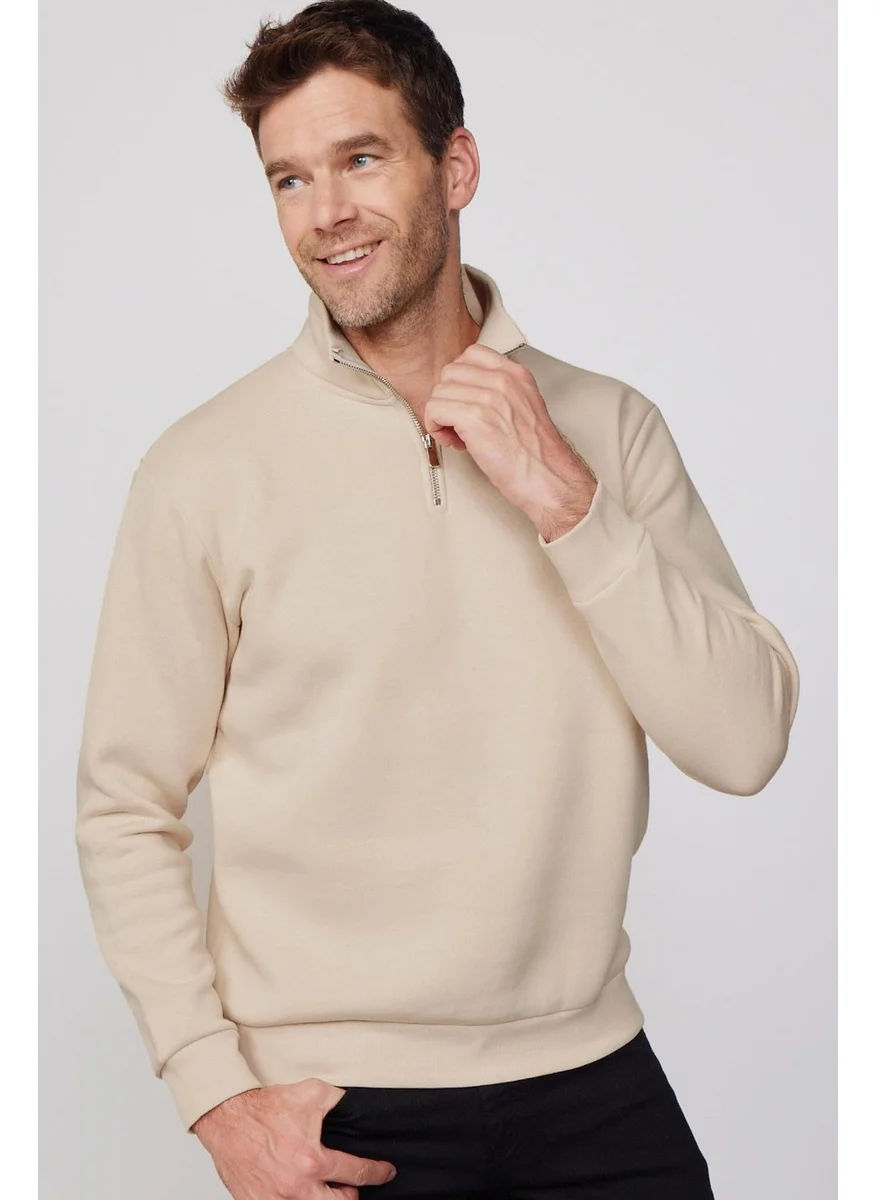 Tudors Relax Fit Comfortable Cut Cotton Fleece Inside Half Zipper Ecru Stand Collar Sweatshirt