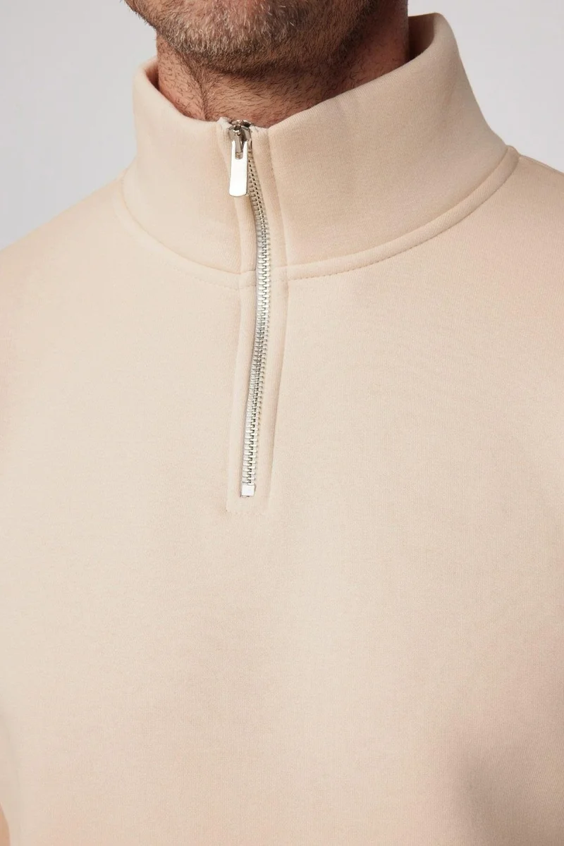 تودورس Relax Fit Comfortable Cut Cotton Fleece Inside Half Zipper Ecru Stand Collar Sweatshirt