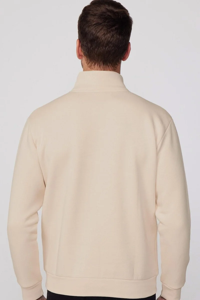 تودورس Relax Fit Comfortable Cut Cotton Fleece Inside Half Zipper Ecru Stand Collar Sweatshirt
