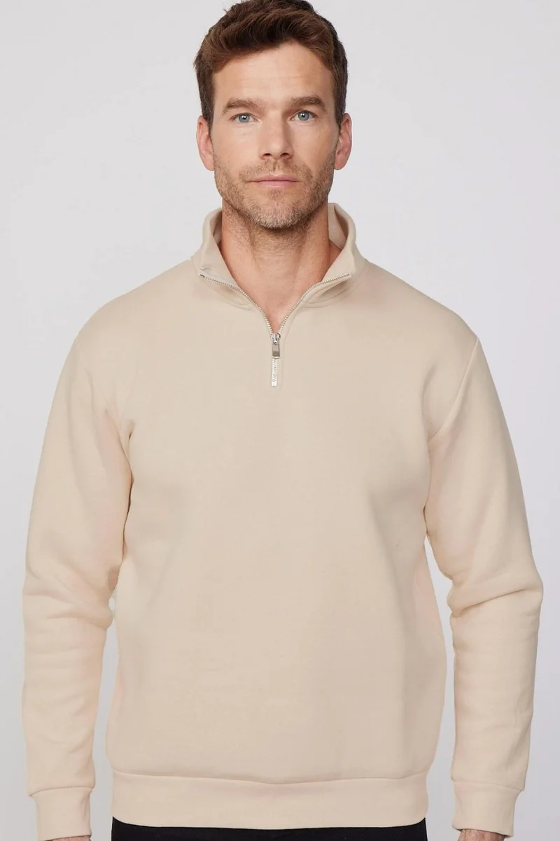 تودورس Relax Fit Comfortable Cut Cotton Fleece Inside Half Zipper Ecru Stand Collar Sweatshirt