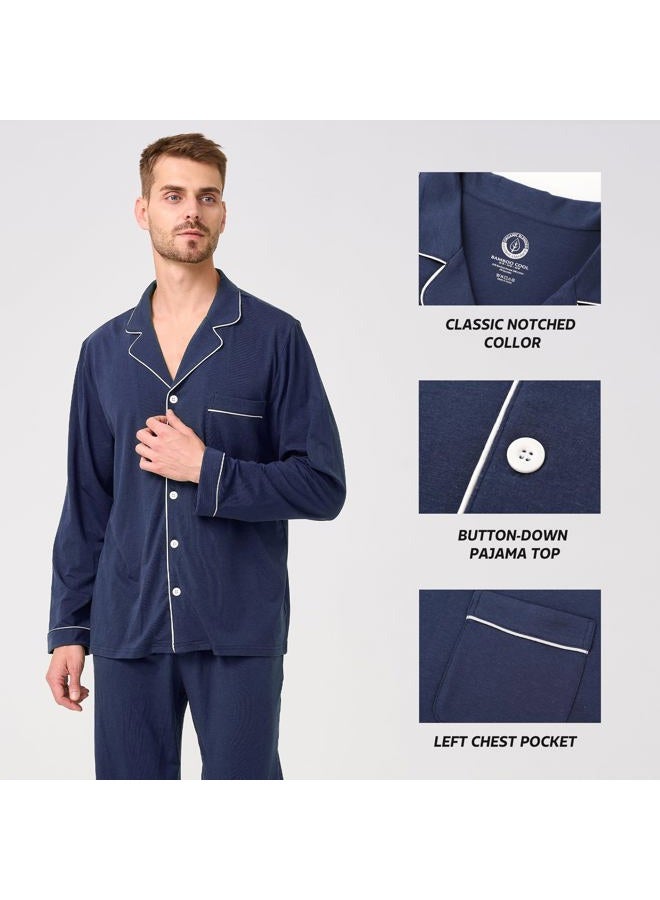BAMBOO COOL Mens Pajama Set Bamboo Viscose Cotton Button Down Soft Loungewear Long Sleeve Pjs Sleepwear with Pockets, C-navy, XL - Image 4