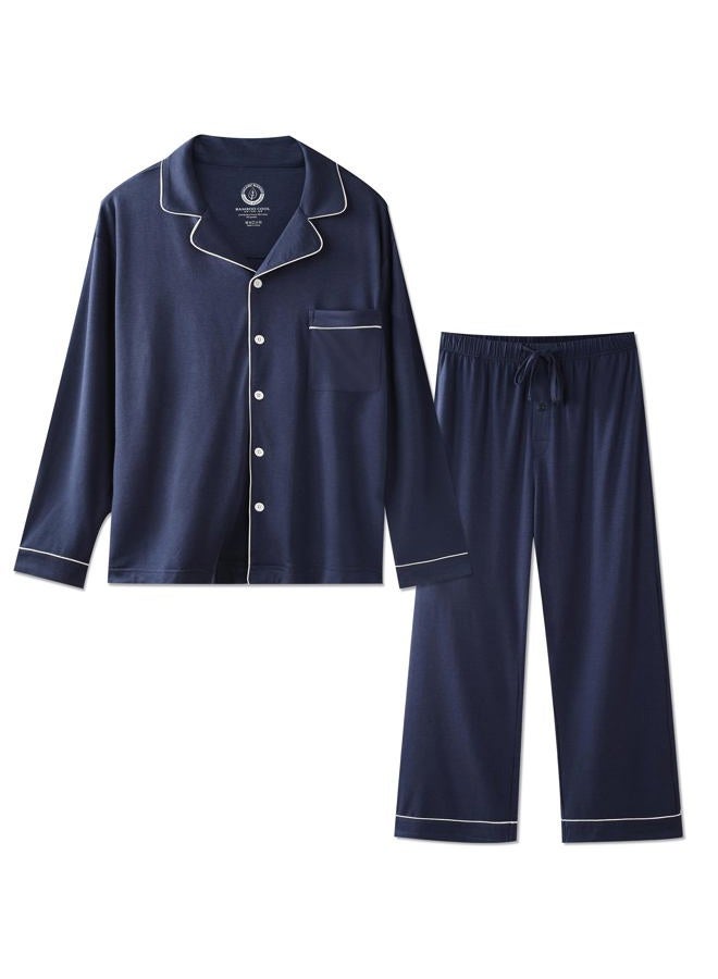 BAMBOO COOL Mens Pajama Set Bamboo Viscose Cotton Button Down Soft Loungewear Long Sleeve Pjs Sleepwear with Pockets, C-navy, XL - Image 1