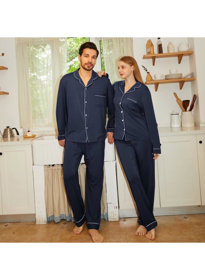 BAMBOO COOL Mens Pajama Set Bamboo Viscose Cotton Button Down Soft Loungewear Long Sleeve Pjs Sleepwear with Pockets, C-navy, XL - Image 2
