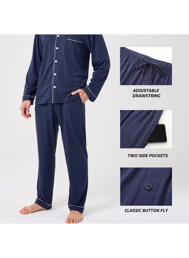 BAMBOO COOL Mens Pajama Set Bamboo Viscose Cotton Button Down Soft Loungewear Long Sleeve Pjs Sleepwear with Pockets, C-navy, XL - Image 5