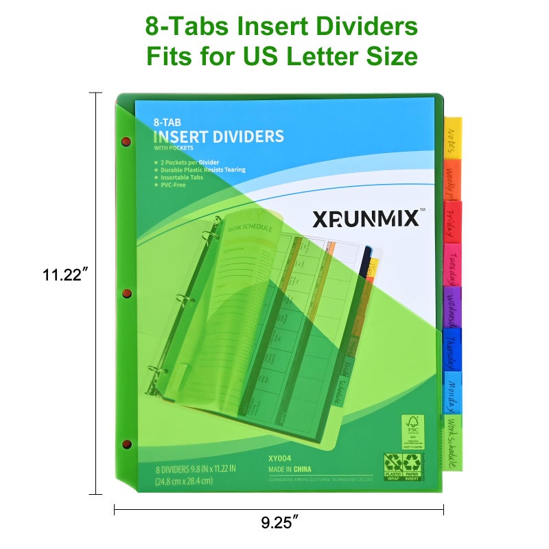 XRUNMIX 8-Tab Binder Dividers - Index Pockets Divider for 3 Ring Binders, 3-Hole Plastics Sheets Protectors for US Letter Size in 0.5'', 1'', 2'', 3 inch Binders, 8 Colors (XY004) (12 Packs) - Image 2
