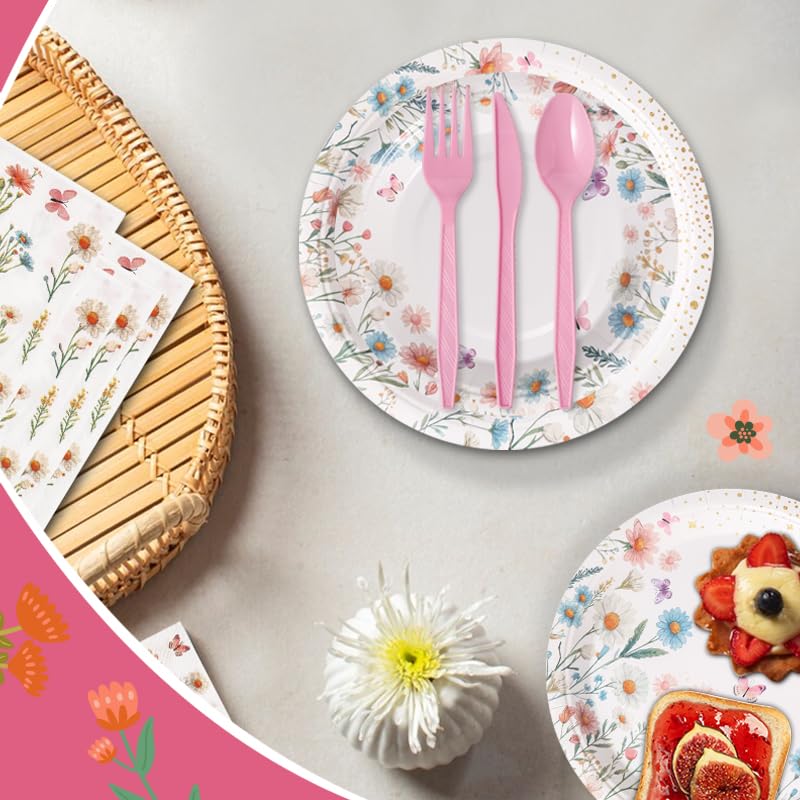 BHHQHH 168Pcs Wildflower Party Supplies for 24 Guests Spring Floral Baby Shower Birthday Decorations Disposable Paper Plates and Napkins Knives Spoons Forks Cups for Baby Bridal Shower Birthday Party - Image 4
