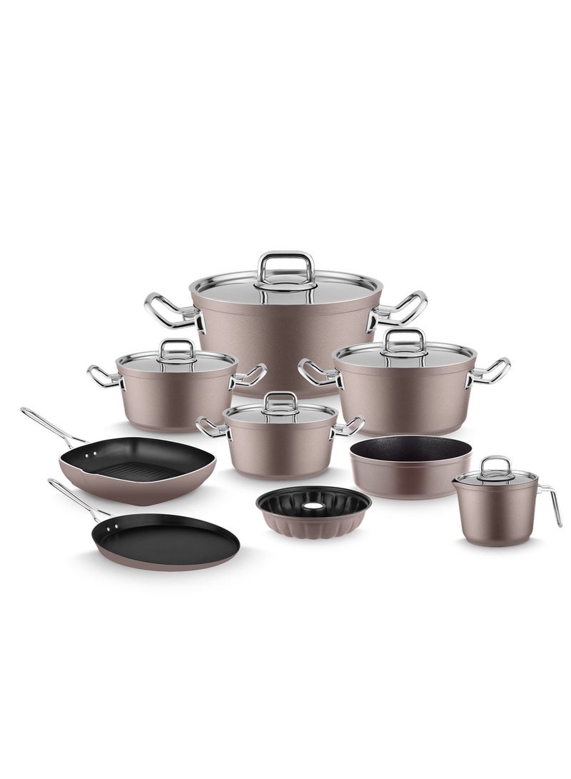 Lines Turkish Granite Cookware Set – 14 Piece Set – Stainless Steel Lid – Suitable for all stovetops – Made in Turkey  Lines Turkish Granite Cookware Set – 14 Piece Set – Sizes 18/20/24/28 cm + 26 cm Crepe Pan + 28 cm Grill Pan + 16 cm Casserole Dish + 34.5 cm Oven Tray + Cake Pan – Stainless Steel Lid – 8 Colors Shaffer Coffe